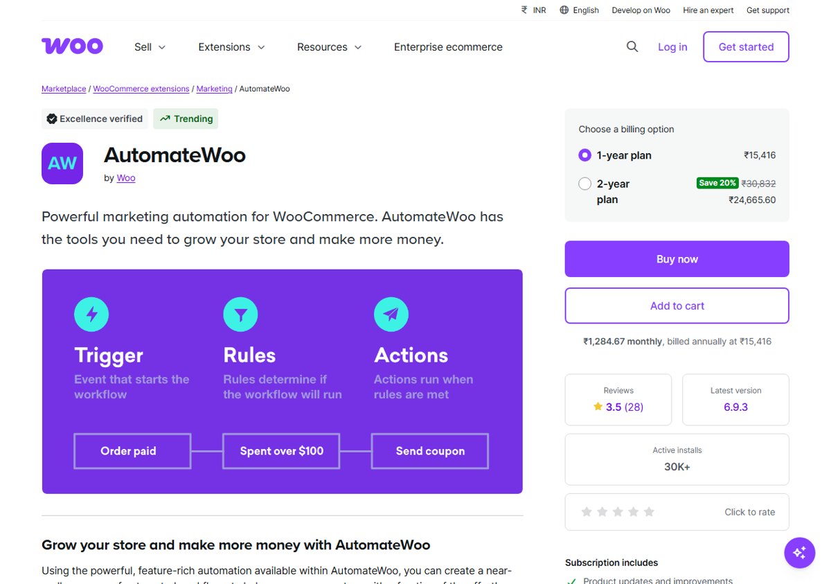 AutomateWoo product page on woocommerce.com: trigger, rules and actions workflow, 1-year plan at 15,416 rupees, 30K+ active installs