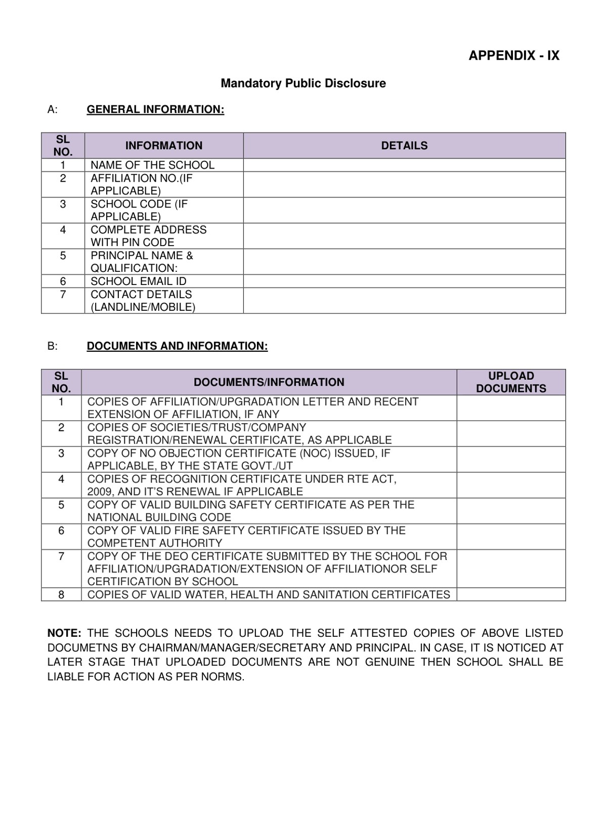 First page of the CBSE Appendix IX Mandatory Public Disclosure format showing general information and documents tables