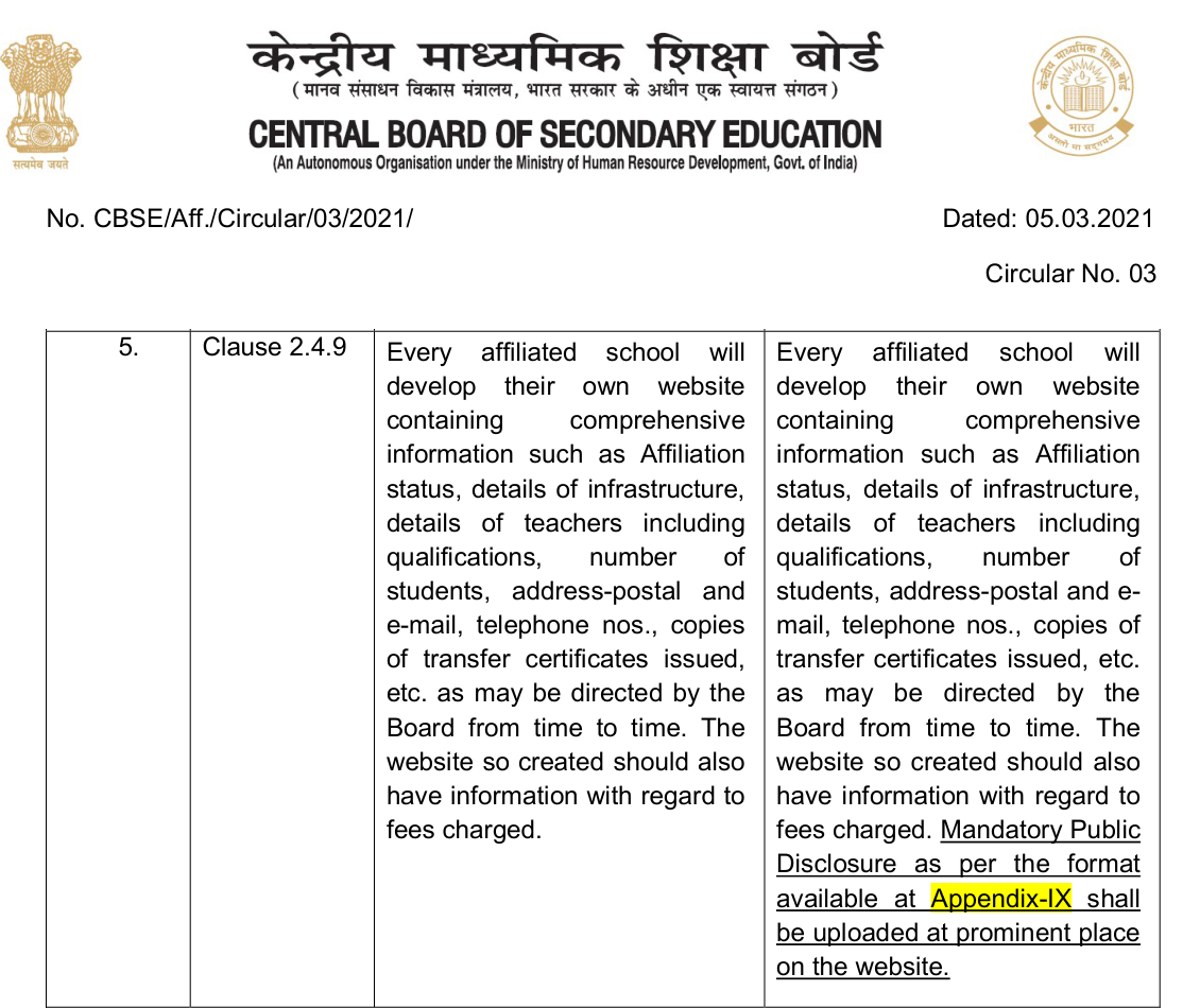 CBSE Circular No. 03 dated 05.03.2021 amending clause 2.4.9 so that the Mandatory Public Disclosure as per Appendix IX is uploaded at a prominent place on the school website