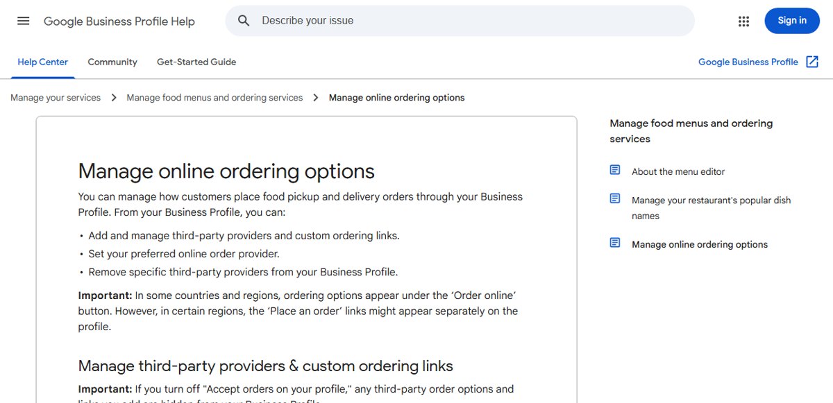 Google Business Profile Help, Manage online ordering options: add and manage third-party providers and custom ordering links, set your preferred online order provider, remove specific third-party providers