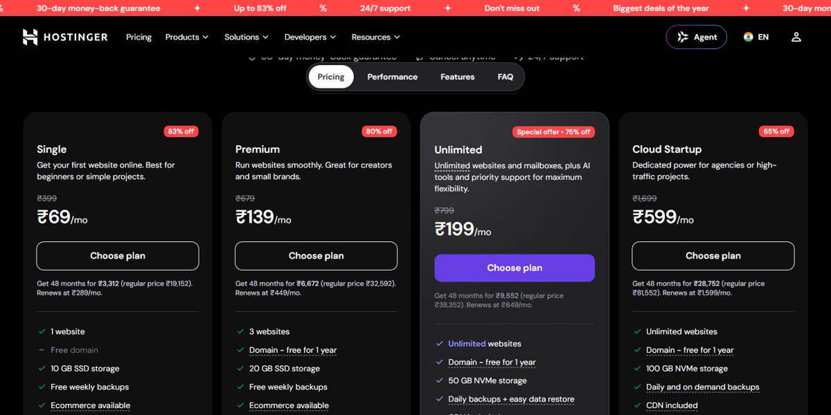 Hostinger India WordPress hosting plans on 19 October 2026: Single 69 rupees a month for 48 months, renews at 289 rupees a month; Premium 139, renews at 449; Unlimited 199, renews at 649; Cloud Startup 599, renews at 1,599