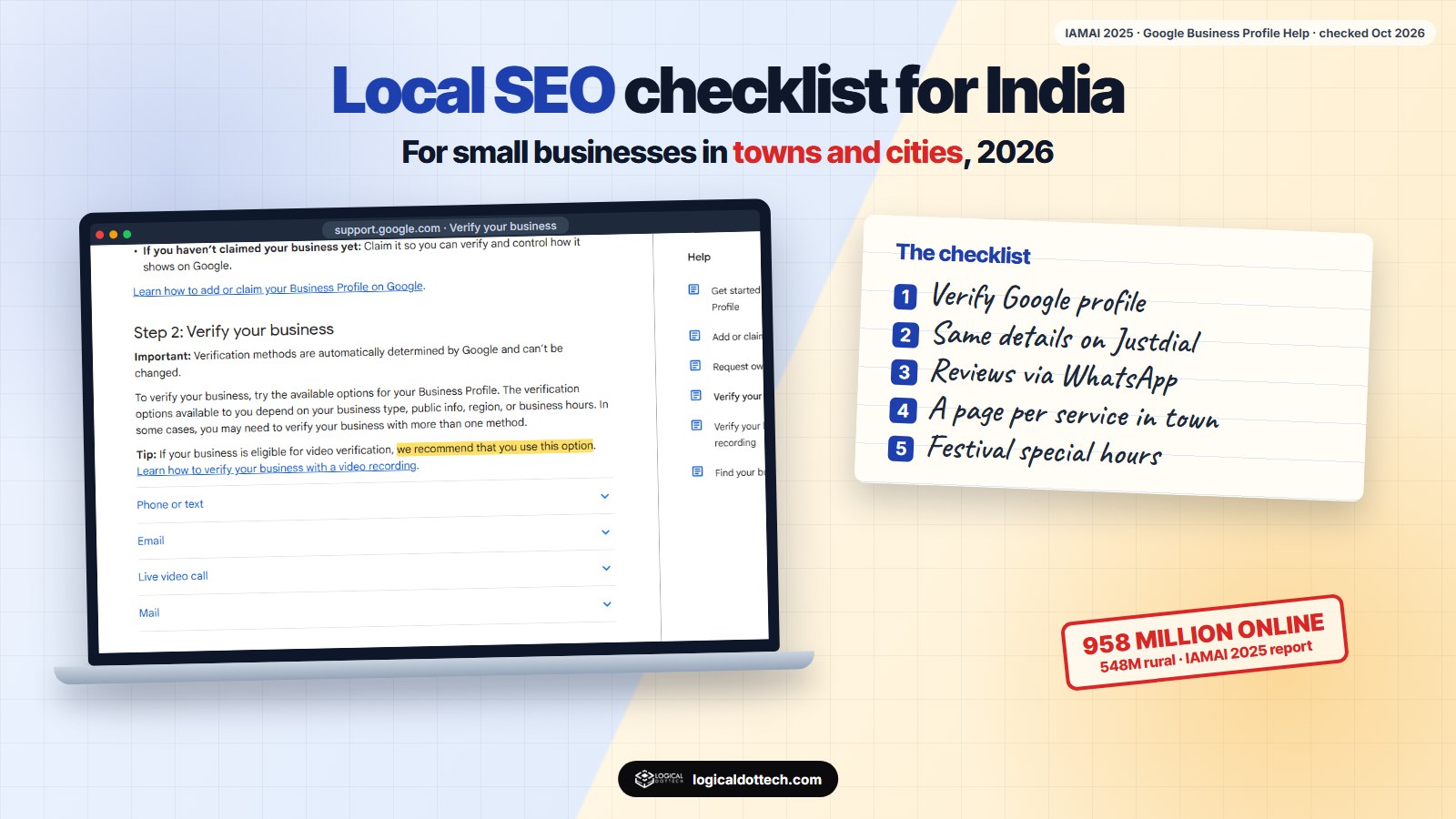 Local SEO checklist for small businesses in India, 2026: Google Business Profile, Justdial listings, reviews and town pages