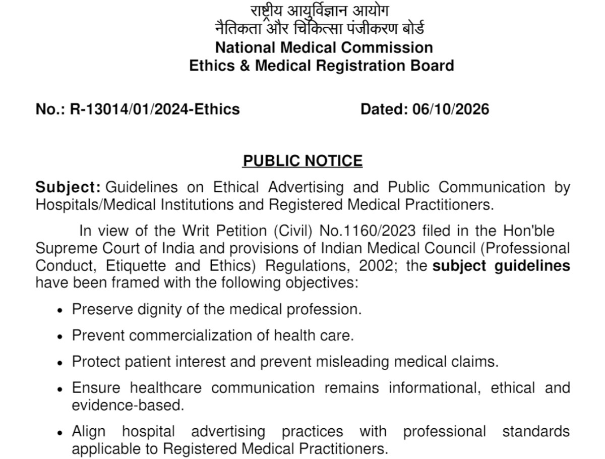 National Medical Commission Ethics and Medical Registration Board public notice No. R-13014/01/2024-Ethics dated 06/10/2026: Guidelines on Ethical Advertising and Public Communication by Hospitals, Medical Institutions and Registered Medical Practitioners