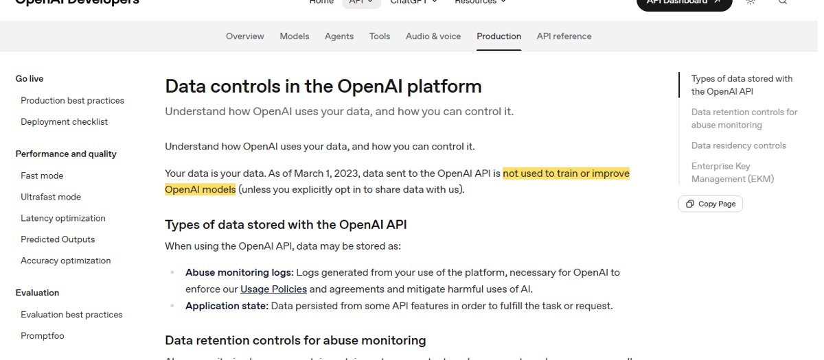 OpenAI data controls: as of March 1, 2023, data sent to the OpenAI API is not used to train or improve OpenAI models unless you explicitly opt in