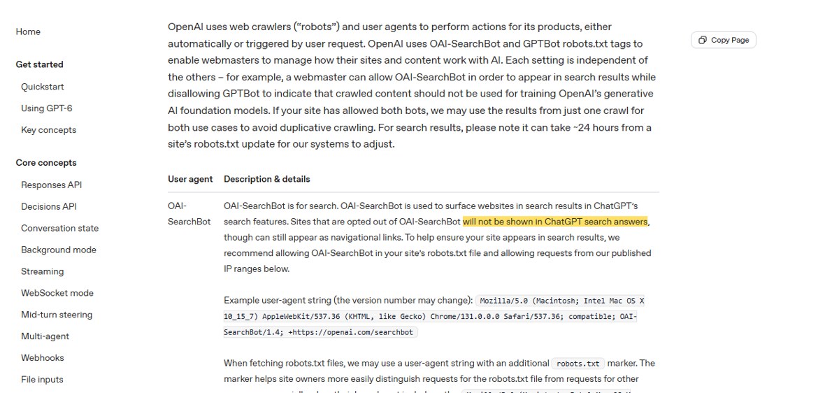 OpenAI crawler documentation: sites that are opted out of OAI-SearchBot will not be shown in ChatGPT search answers