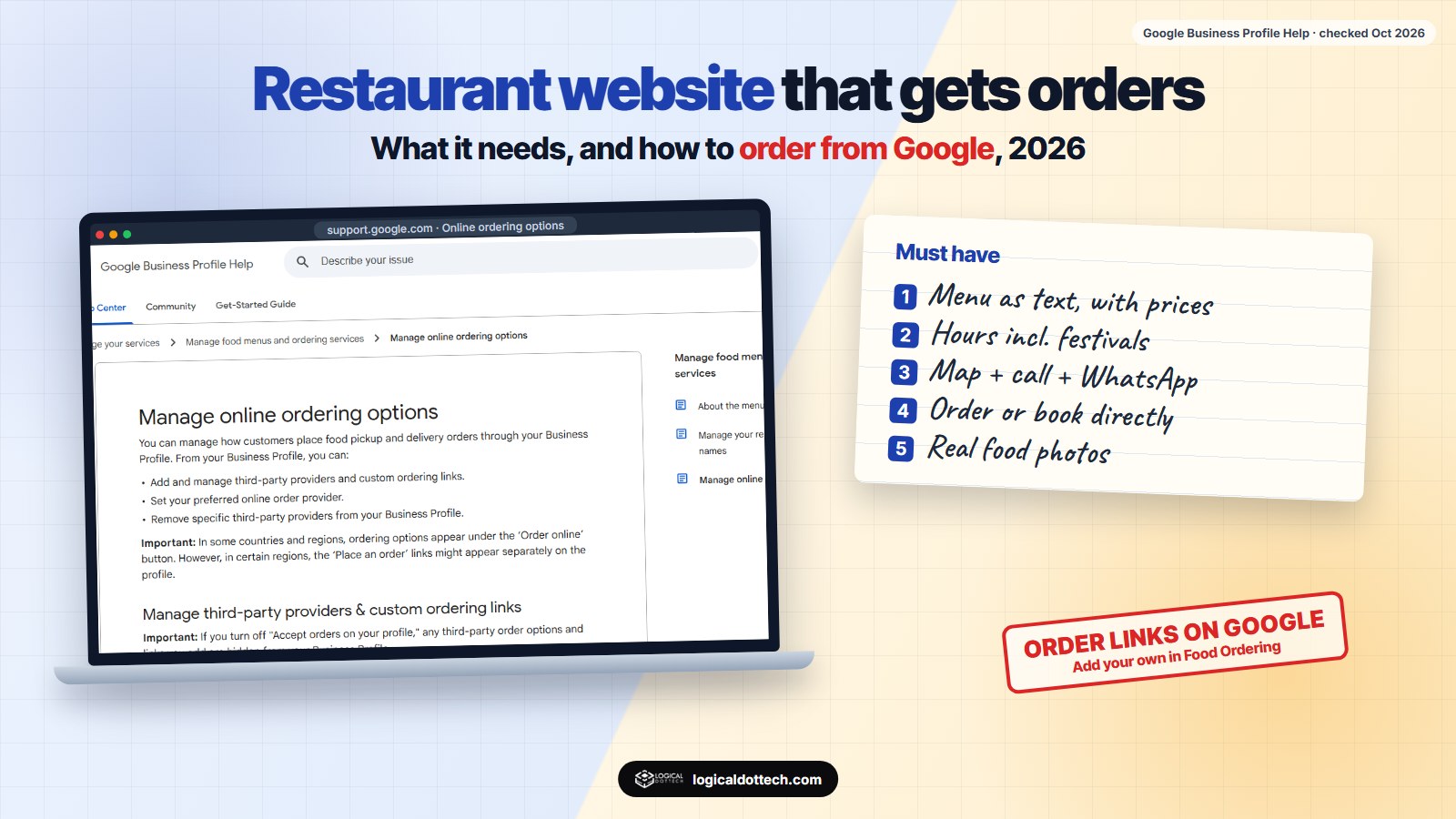A restaurant website that gets orders in 2026: menu as text, hours, map, call and WhatsApp, and direct ordering from Google