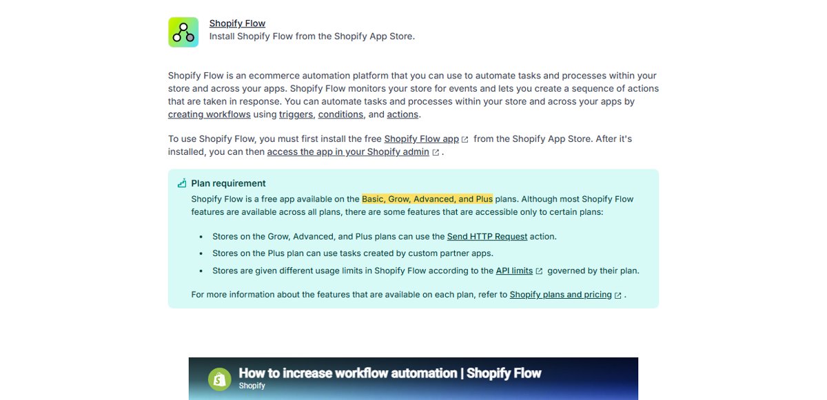 Shopify help centre: Shopify Flow is a free app available on the Basic, Grow, Advanced and Plus plans; Send HTTP Request needs Grow, Advanced or Plus