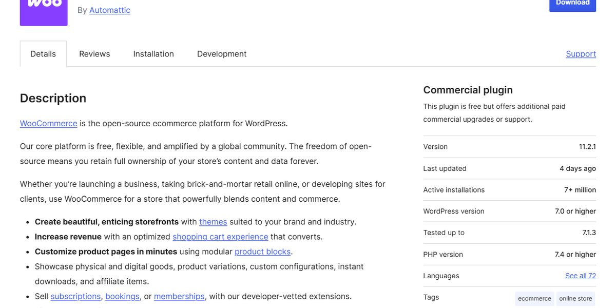 WooCommerce plugin page on WordPress.org showing version 11.2.1 and 7+ million active installations